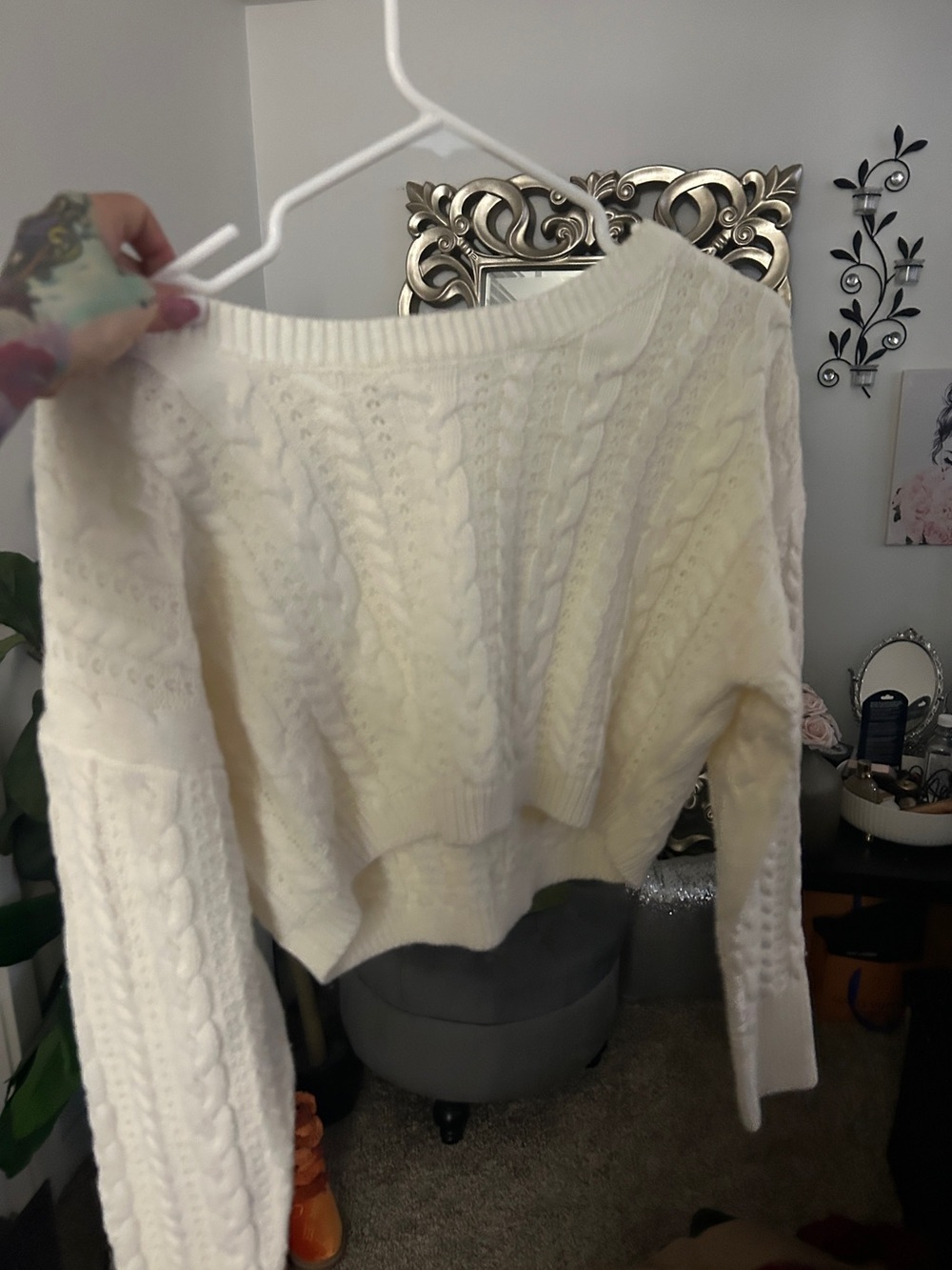 Fashion Nova Off-the-Shoulder Cream Cable Knit Cropped Sweater